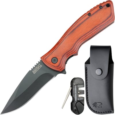 AdroitGoods RVS zakmes met rood sandelhout, incl. hoes en slijptool - Hoogwaardig Opvouwbaar Zakmes – 8.1 cm RVS Snede, Hardhout Handgreep & Tactische Constructie voor Outdoor, Survival, Kamperen en Dagelijks Gebruik