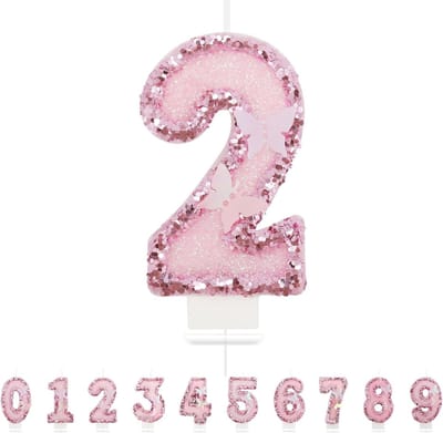 Famanu – Vlinder verjaardagskaars cijfer 2, roze 3D taartdecoratie voor meisjesfeest