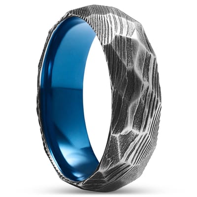 Fortis | 7 mm Facetgeslepen Gunmetalgrijze Ring van Damascusstaal en Blauw Titanium