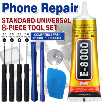 8-in-1 reparatiegereedschap voor mobiele telefoons Demontage reparatieset voor Android iPhone Schroevendraaiercombinatie Skid Multifunctionele demontageset met E-8000 mobiele telefoonscherm Hoge