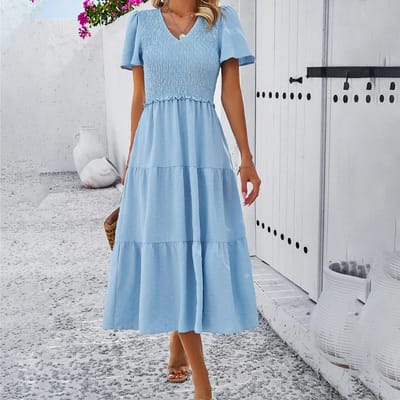 Dames Lente- en Zomer Temperament Casual Olijf Effen V-hals Korte mouw Jurk S hemelsblauwe kleur