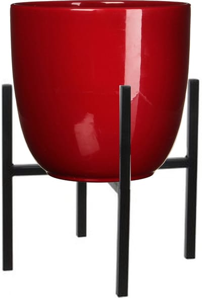 Mica Decorations Bloempot met verhoger - D25 x H23 cm - pot rood - verhoger zwart/metaal H25 cm