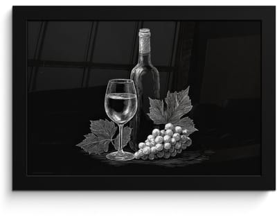 Poster in lijst - Fotolijst 30x20 cm - Posters - Wijnfles - Glas - Druiven - Bladeren - Posterlijst zwart - Decoratie - Wanddecoratie woonkamer - Muurdecoratie slaapkamer