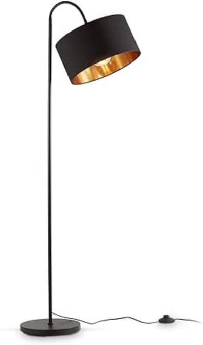 Thuys - Booglamp Zwart - Retro Industrieel Design - Goudkleurige Stoffen Kap - E27 Fitting - Vloerlamp voor Woonkamer en Leeshoek