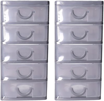 2x 5five ladeblokje kunststof met 5 lades - transparant/grijs- 9 x 13 x 19 cm - opberglades