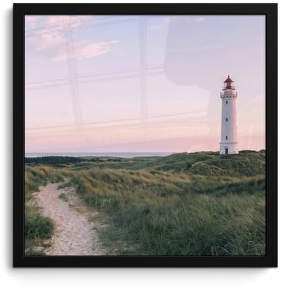 Poster in lijst - Fotolijst 40x40 cm - Posters - Vuurtoren - Duinlandschap - Zee - Posterlijst zwart - Decoratie - Wanddecoratie woonkamer - Muurdecoratie slaapkamer