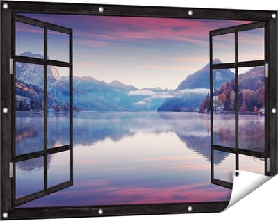 Gards Tuinposter Doorkijk Meer in de Bergen - 120x80 cm - Tuindoek - Tuindecoratie - Wanddecoratie buiten - Tuinschilderij
