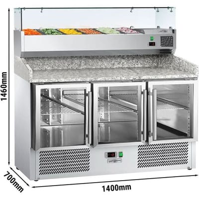 GGM Gastro Pizzakühltisch ECO - 1400x700mm - mit 3 Glastüren - inkl. Kühlaufsatzvitrine - 6x GN 1/4