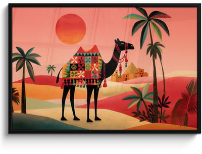 Poster in lijst - Fotolijst 120x80 cm - Posters - Kameel - Gekleurd tapijt - Duinen - Rode zon - Posterlijst zwart - Decoratie - Wanddecoratie woonkamer - Muurdecoratie slaapkamer