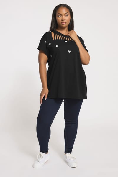 Yours Zwarte Top Met Geborduurd Hart En Slash Detail Size 46