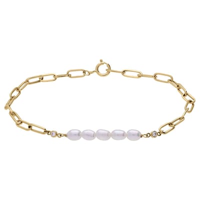 Lucardi - Dames 14 karaat armband met zirkonia en zoetwaterparel - Armband - 14 Karaat Goud - Goud - 19 cm