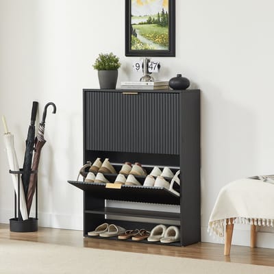 Schoenenkast met groefdesign - 80x24 cm zwart - Verwijderbare, verstelbare planken voor 20+ paar schoenen - Kantelbeveiliging, krasvast MDF, open onderste lade - Geschikt als opberger en decotafel voor smalle gangen en entrees