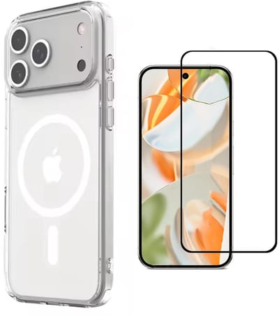 Hoesje + Glas Geschikt voor iPhone 17 Pro - Geschikt voor MagSafe Telefoonhoesje - Transparant - Casemania Shock Proof Magnetische Back Cover en Tempered Glazen Screenprotector