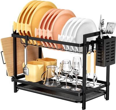 HEZIVO® Afdruiprek met Lekbak en Bestekhouder - Afwasrek Servies - Droogrek voor Afwas - 2 Etages