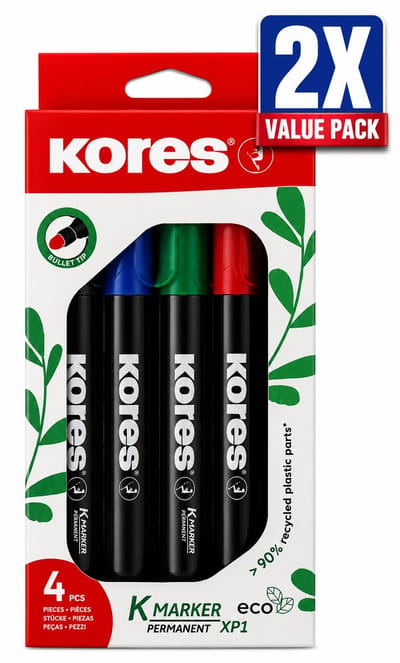Kores Eco Whiteboard Markers Set van 4 Kleuren - Voordeelverpakking van 2 Etuis (8 Stiften Totaal) - Ronde Punt 3 mm - Milieuvriendelijk Hervulbaar Design - Uitwisbare Inkt