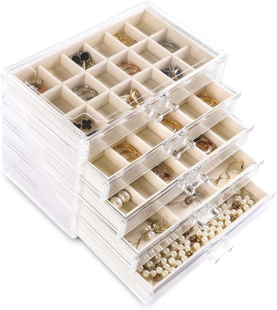 Acryl Sieraden Organizer met 5 Lades, Doorzichtige Sieradenbox met Fluwelen Inleg voor Oorbellen, Ringen en Armbanden, Stapelbare Sieradenopberger voor Vrouwen