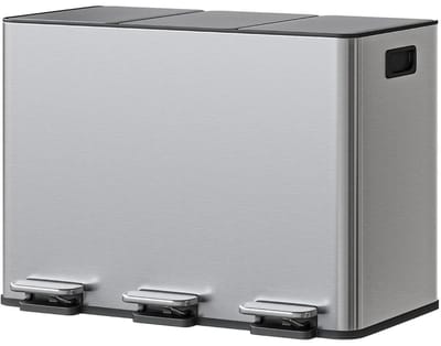 Miryx Keuken Afvalbak - Prullenbak Afvalscheiding - Pedaalemmer - Vuilnisbak - 3 vakken - 3 x 15L - Zacht Sluitende Deksels - Zilver