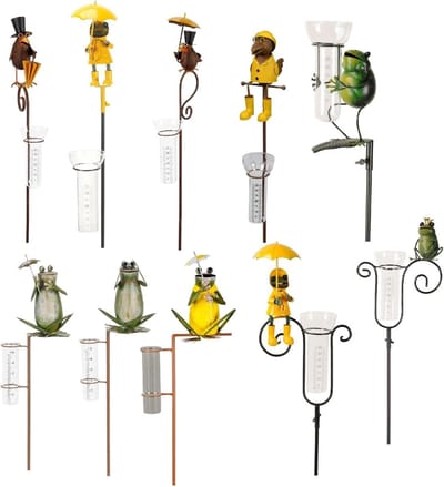 Regenmeter met figuur - Weermeter decoratief - Tuinieren en weer - Metaal en glas - Ca. 120 cm hoog