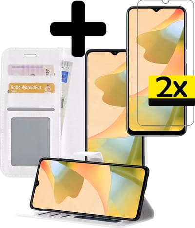 Hoesje - Met 2x Screenprotector - Geschikt voor OPPO A16 - Luxe Pasjeshouder - Bookcase Portemonee - Flip Case - Kunstleer Book Case - Flipcase Hoes - Book Cover - Walletcase - Portemonneehoes - Telefoonhoesjes - Wit