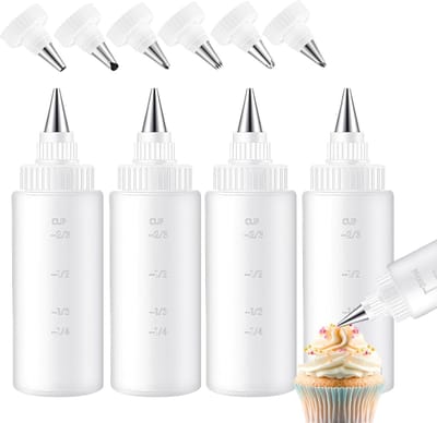 4-delige spuitfles - Voor het decoreren van royal icing koekjes - Knijptype - 6 spuitmondjes - Geschikt voor het decoreren met voedselkleurstof, royal icing, pannenkoeken, enz. 180ml - Transparant