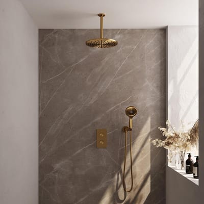 Brauer Gold Carving Thermostatische Regendoucheset Inbouw - Hoofddouche 30 cm - 3 Weg - Handdouche 3 Standen - Doucheslang - Wandaansluitbocht - Geborsteld Goud