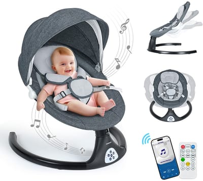 Elektrische Wipstoel - met Timer Afstandsbediening Bluetoothmusic - 5 Zwenksnelheden en 3 Zitposities - Babyschommel - Donkergrijs