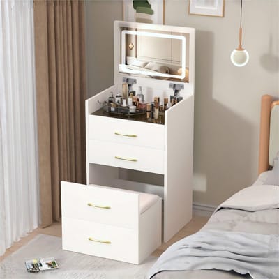 Sweiko Kaptafel - Met kruk - LED-spiegel - Glazen tafelblad - 3 lades - Wit