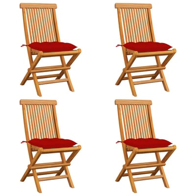 vidaXL - Klapstoelen - met - rode - kussens, - 4 - stuks, - massief - teakhout