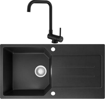 Anycee max Granieten spoelbakken (86x45CM) - Spoelbak Keuken Met Keukenkraan - Wasbak Keuken Met Waterafvoersysteem en Afdruiprek - Zwart