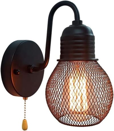 Zwarte Wandlamp - Industriële Lamp Boerderij - Verlichting Binnen - Met Trekketting - 12 cm Kap - Zwart