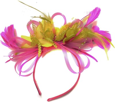 Fascinator Hoedje Feestelijk Roze Geel Netten & Veer Haarband voor Bruiloft en Ascot Races
