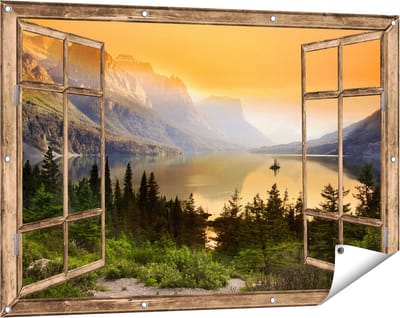 Gards Tuinposter Doorkijk Bergen met een Meer in Nationaal Park Glacier - 120x80 cm - Tuindoek - Tuindecoratie - Wanddecoratie buiten - Tuinschilderij