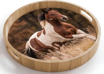 Dienblad rond 40x40 cm - Schootdienblad hout - Paard - Bruin - Gras - Borrelplank rechthoek - Plateau houten dienbladen