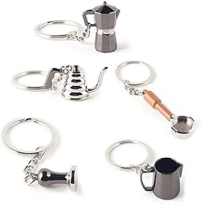 Koffie Sleutelhanger Set - Barista Accessoires - Koffie Liefhebbers Cadeau - Miniatuur Portafilter - 5 Stuks - Zilverkleurig
