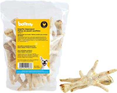 Boomy - Gepofte kippenpoten - Natuurlijke hondensnacks - Hondensnoepjes - Kauwstaaf hond - Gedroogde vleessnack - 2 x 200g