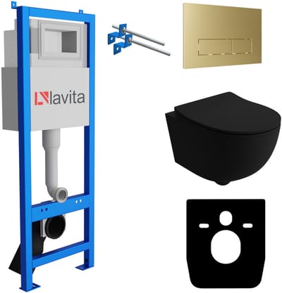 LAVITA® Inbouwreservoir Complete Toiletset LAV 101 - Inbouw WC Hangtoilet Wandcloset BRAVA BLACK Zwart Mat - Bedieningsplaat 200.3.5 Gouden - Voorwandelement voor toilet 40cm - Installatiesysteem