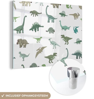 MuchoWow® Glasschilderij 160x120 cm - Schilderij acrylglas - Dinosaurus - Groen - Jongens - Bruin - Kind - Patronen - Foto op glas - Schilderijen