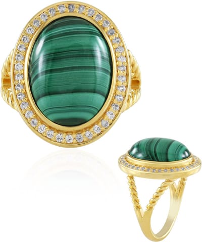 Cavill - Elegante Ovale Malachiet Ring - 925 Sterling Zilver 18K Goud Verguld - 10,58 ct Malachiet DR Congo - 38 Pavé Zirkonia - Dames Sieraden