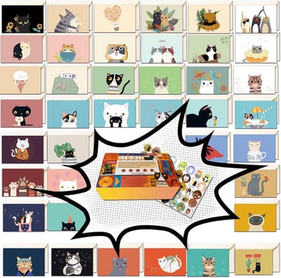 40 Blanco Wenskaarten met Enveloppen en Stickers - Notitiekaarten voor Bedankjes, Verjaardagen en Feestjes – Katten Thee