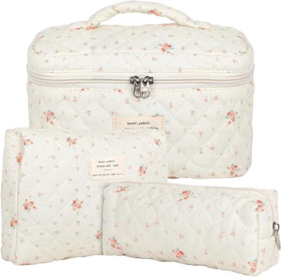 Allecta - 3-delige cosmeticaset voor dames - toilettas katoen gewatteerd bloemenpatroon - wit rooster.