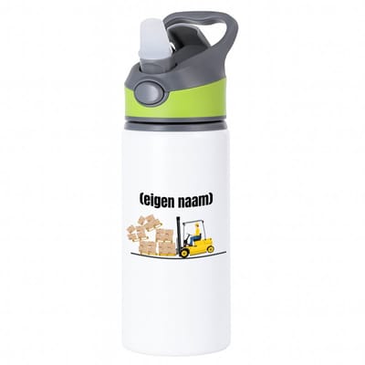 Hacebo® - heftruck met vallende pallet met eigen naam waterfles met rietje groen - Heftruck - mensen die werken in de magazijn - collega's - verjaardag - afscheidscadeau - geschenk - kado - water fles - 650ML