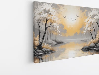 Saammp Canvas Schilderij - witte bomen met zon - Natuur - Landschap - 45x30 - Foto op canvas - Wanddecoratie - Muurdecoratie Woonkamer - Slaapkamer decoratie - Canvas Print