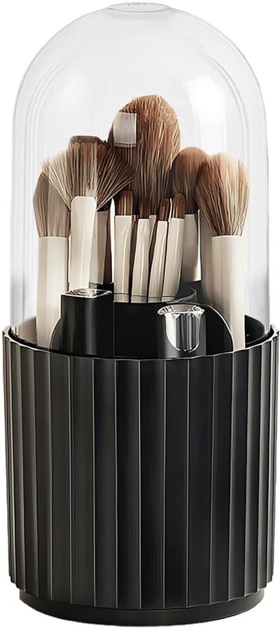 360 Graden Draaibare Make-up Organizer met Transparante en Stofdichte Opbergruimte voor Kwasten - 11 x 23 cm (Zwart)
