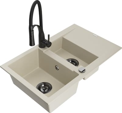 Mexen Gaspar granieten spoelbak 1,5-kompartiment met afdruiprek en keukenkraan Aster, beige - 6507-69-73450-70-B