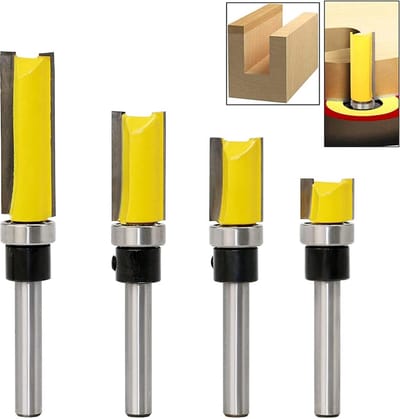 4 stuks -Flush Pattern Frees Set -Geel graveermachine mes -1/4 inch schacht met toplager - scherp en duurzaam - ideaal voor efficiënte houtbewerking en doe-het-zelf