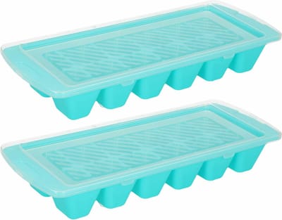 Plasticforte IJsblokjesvormen - blauw - 2x stuks - met afsluitdeksel - 28 x 11 cm - ijsklontjes bakje - kunststof