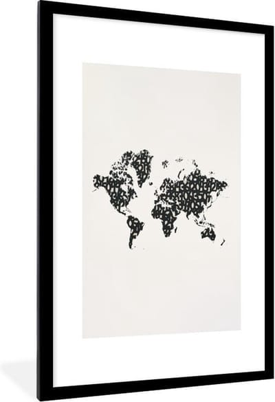 Poster in lijst - Fotolijst 60x90 cm - Posters - Wereldkaart - Cijfers - Zwart - Posterlijst zwart - Decoratie - Wanddecoratie woonkamer - Muurdecoratie slaapkamer