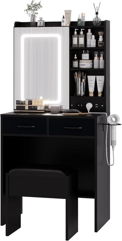 Moderne Kaptafel met LED Spiegel & Laadstation - Make-up Tafel met 2 Laden - Inclusief Krukje met Opbergruimte - 3 Lichtstanden & Dimbaar - Zwart