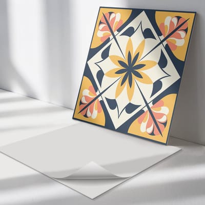 Wallfluent Vinyl Tegels - Bloemenpatroon in Een Ruit Zelfklevende Vinyl Tegels - 30 cm x 30 cm - Geel Vinyl Tegels - Set van 9 - Vierkant PVC Tegels - Patroon Plaktegels - Vinyl Wandtegels - Plaktegels Keuken en Badkamer