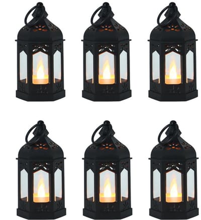 6-delige retro LED-windlantaarnset - ramadan decoratie - ramadan verlichting - Elektronische kaarslamp - Decoratieve bureaulamp - Warm sfeerlicht - Zwart - PP